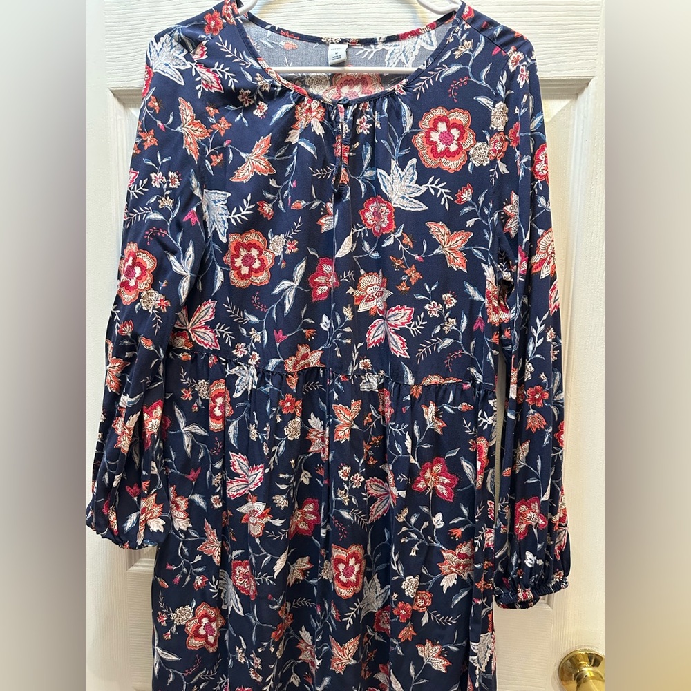 Old Navy Navy Floral button Neck Long Sleeve Dress